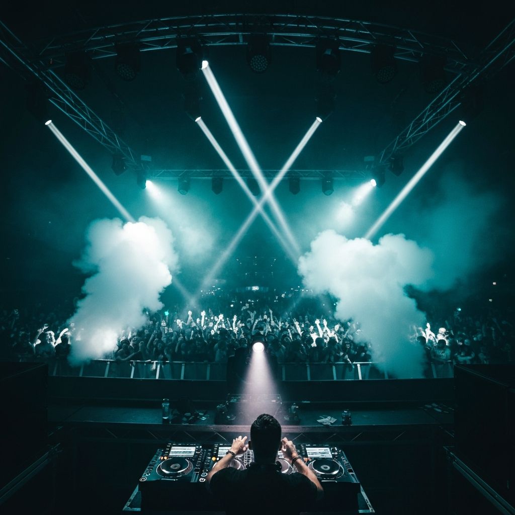 DJ performing at a dark atmospheric nightclub